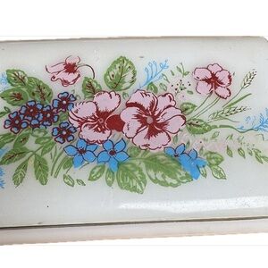 Vintage 1960s Max Factor Floral Hinged Trinket Box with Pink and Blue Flowers